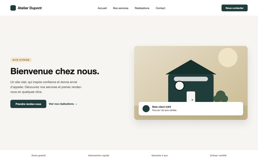 Exemple de site soigné&nbsp;: mise en page claire, typographie sobre, appel à l'action net