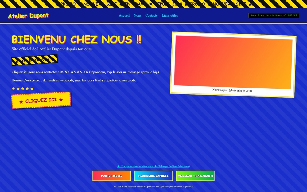 Exemple de site mal conçu&nbsp;: polices criardes, boutons «&nbsp;cliquez ici&nbsp;», bannières publicitaires