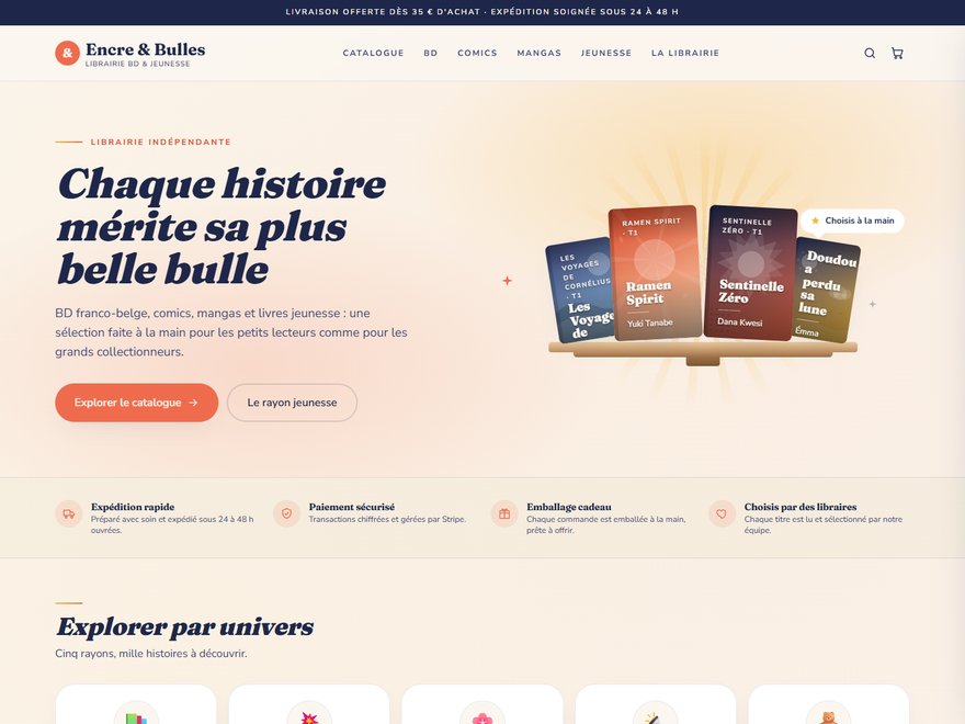 Page d'accueil du site de démonstration Encre & Bulles, librairie en ligne de BD et jeunesse