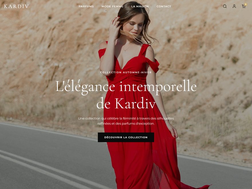 Page d'accueil du site de démonstration Kardiv, boutique de mode et parfums de luxe