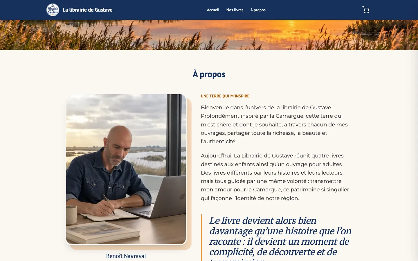 Page « À propos » de la Librairie de Gustave avec le portrait de l'auteur et son histoire