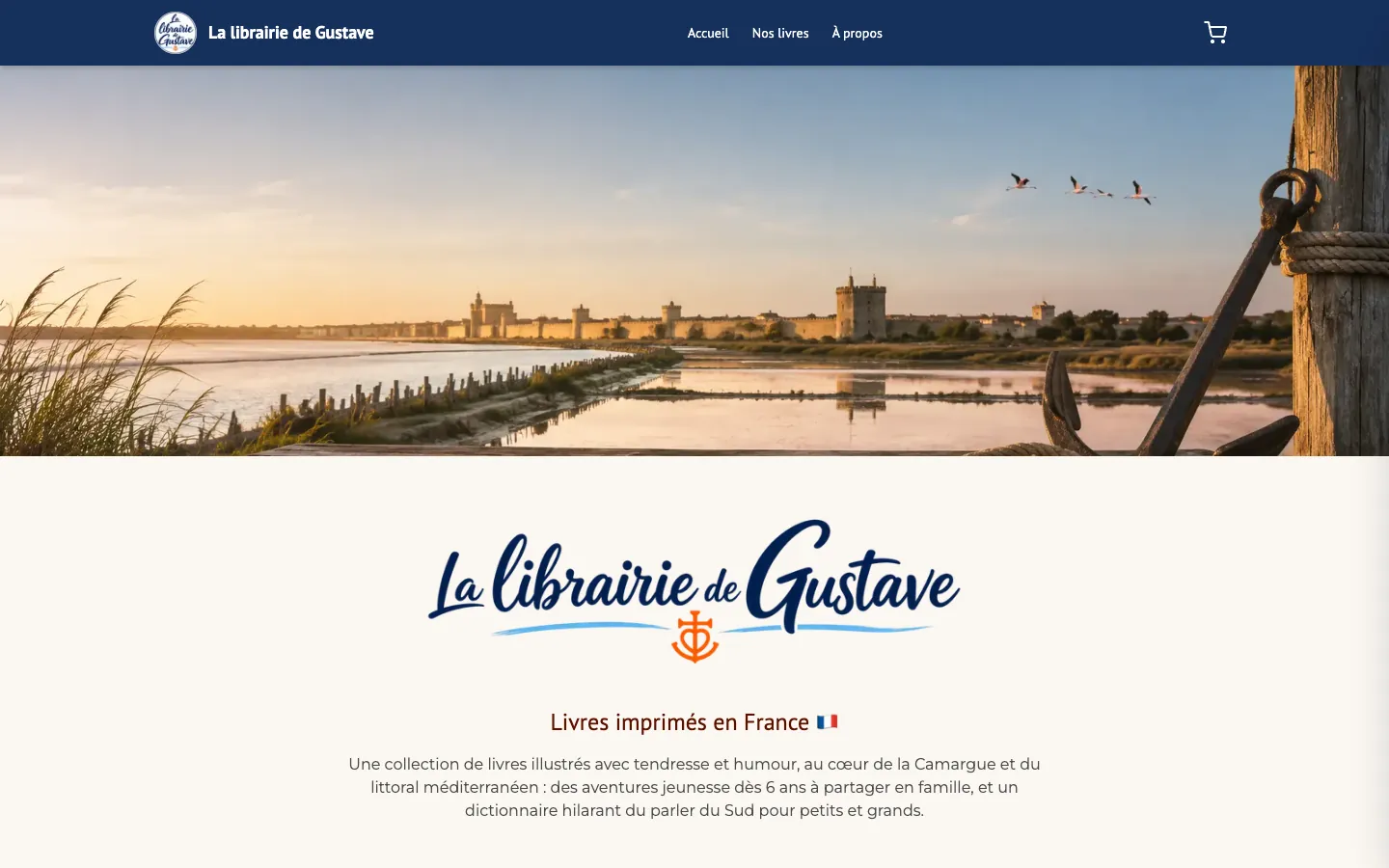 Page d'accueil de la Librairie de Gustave : coucher de soleil sur la Camargue et logo de la librairie
