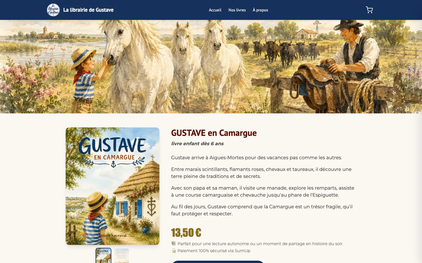 Page du livre « Gustave en Camargue » avec couverture, résumé, prix et bouton d'ajout au panier