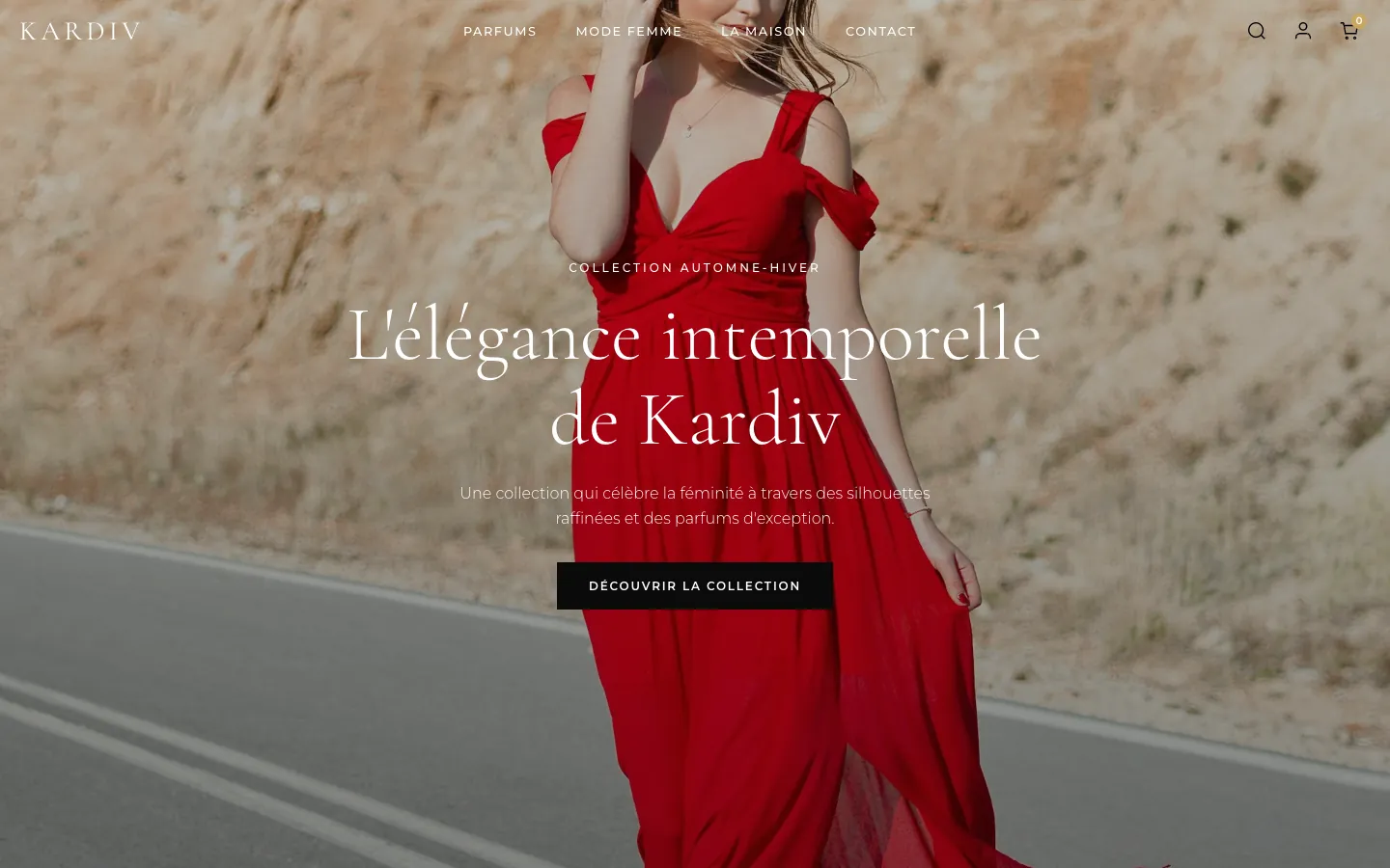 Page d'accueil de Kardiv : une femme en robe rouge et le titre « L'élégance intemporelle de Kardiv »