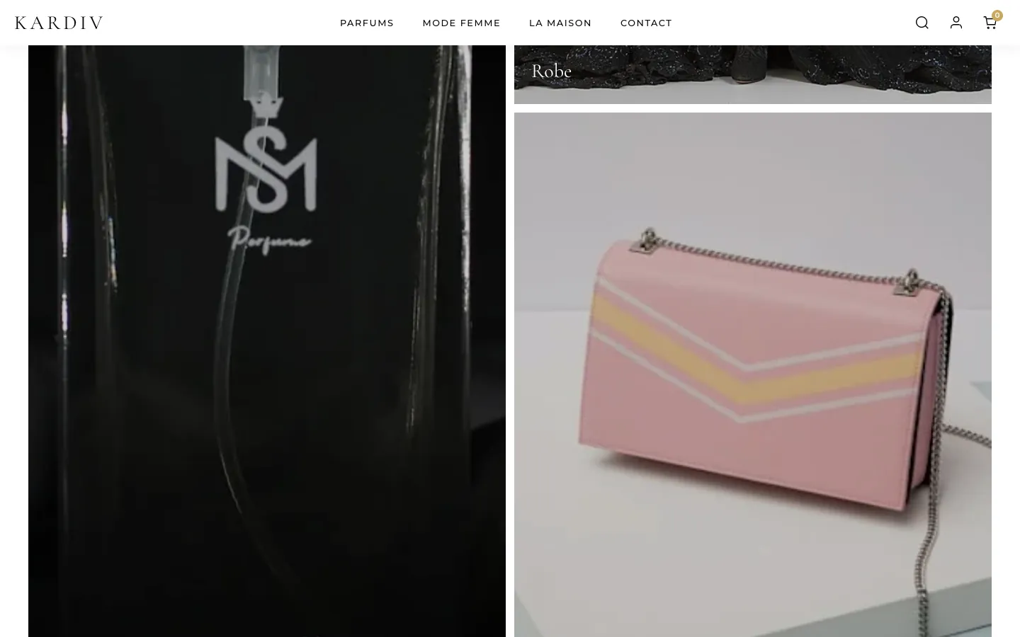 Collections de Kardiv présentées en grandes images : parfums, robe et sac