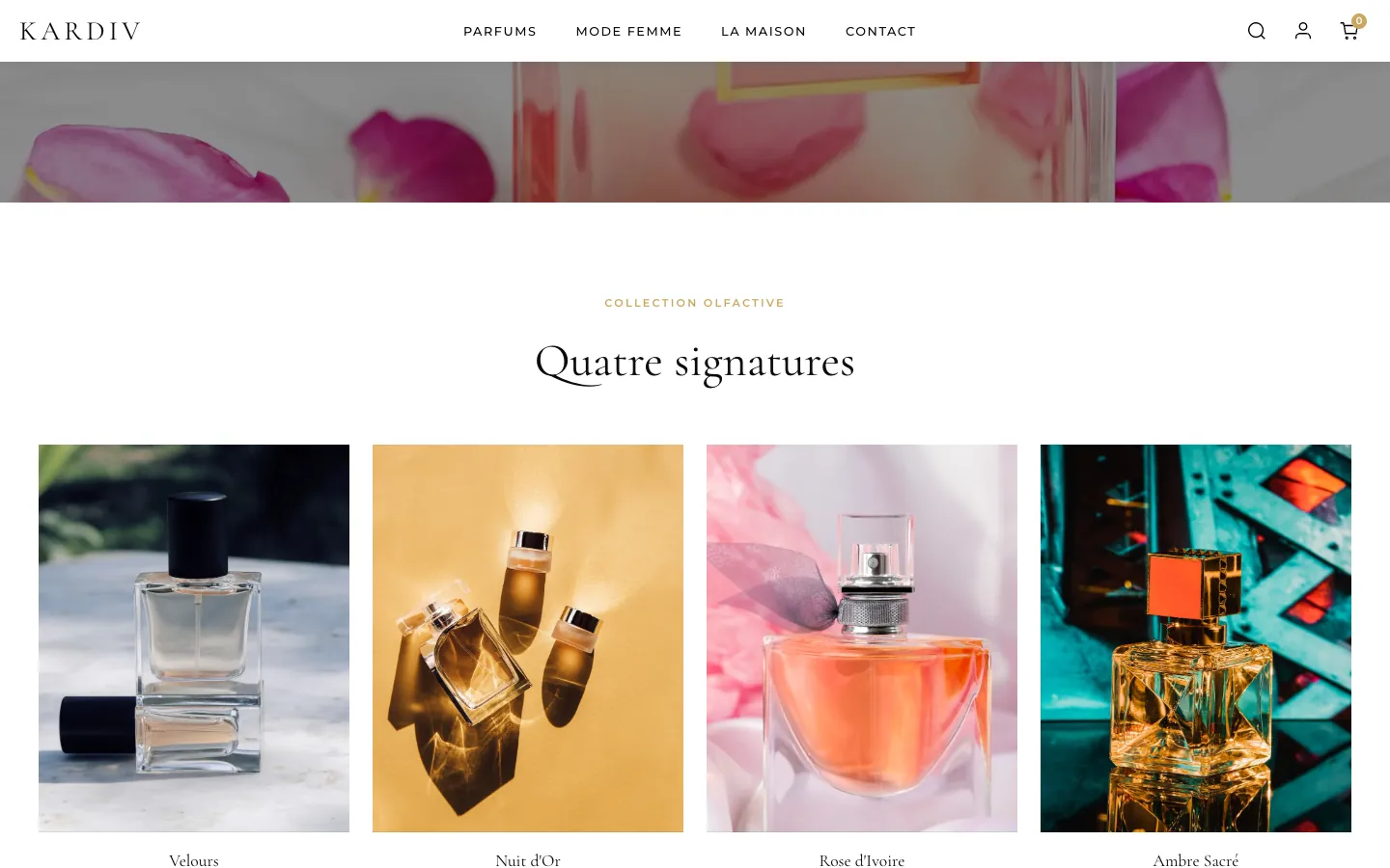 Catalogue des parfums Kardiv avec photos des flacons