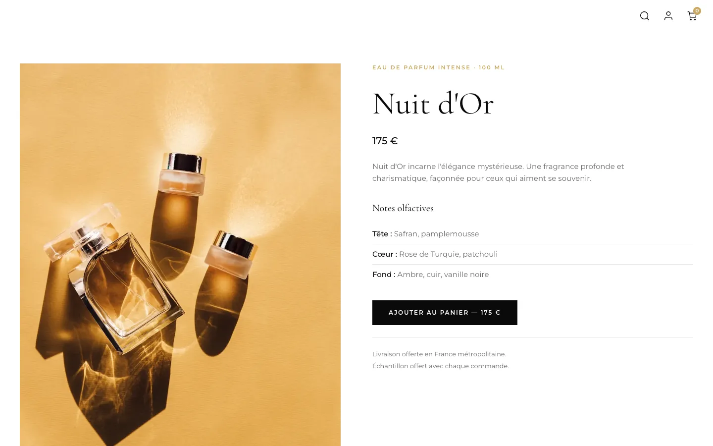 Fiche produit du parfum « Nuit d'Or » de Kardiv avec prix et bouton d'ajout au panier
